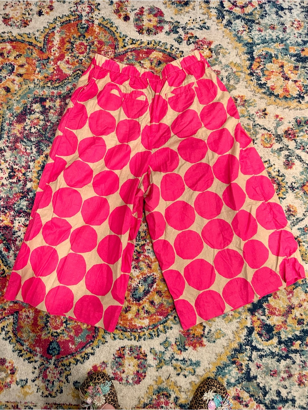 Uniqlo x Marimekko Linen Pink Polka Dot Wide-Leg Cropped Pants - Picture 3 of 6